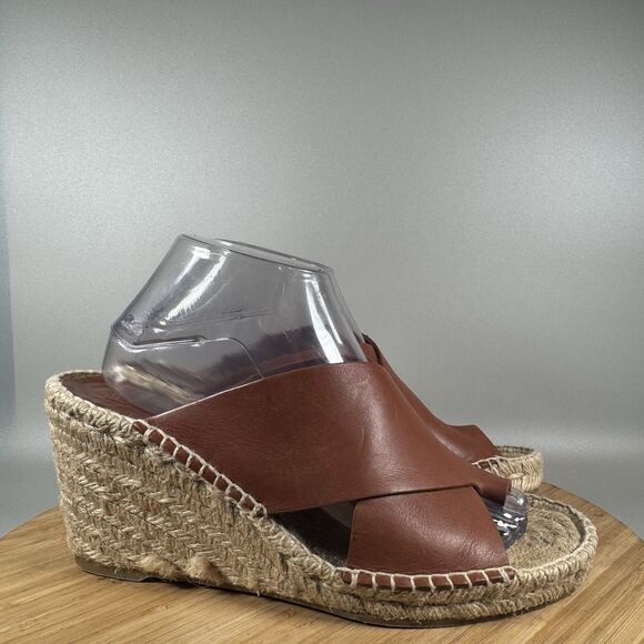 Vince Surya Brown Leather Wedge Espadrille Sandals Womens 9.5 - Picture 1 of 8
